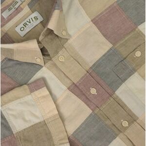 Orvis Shirt Mens XL Tan Brown Patchwork Plaid Cotton Short Sleeve Quilt Casual